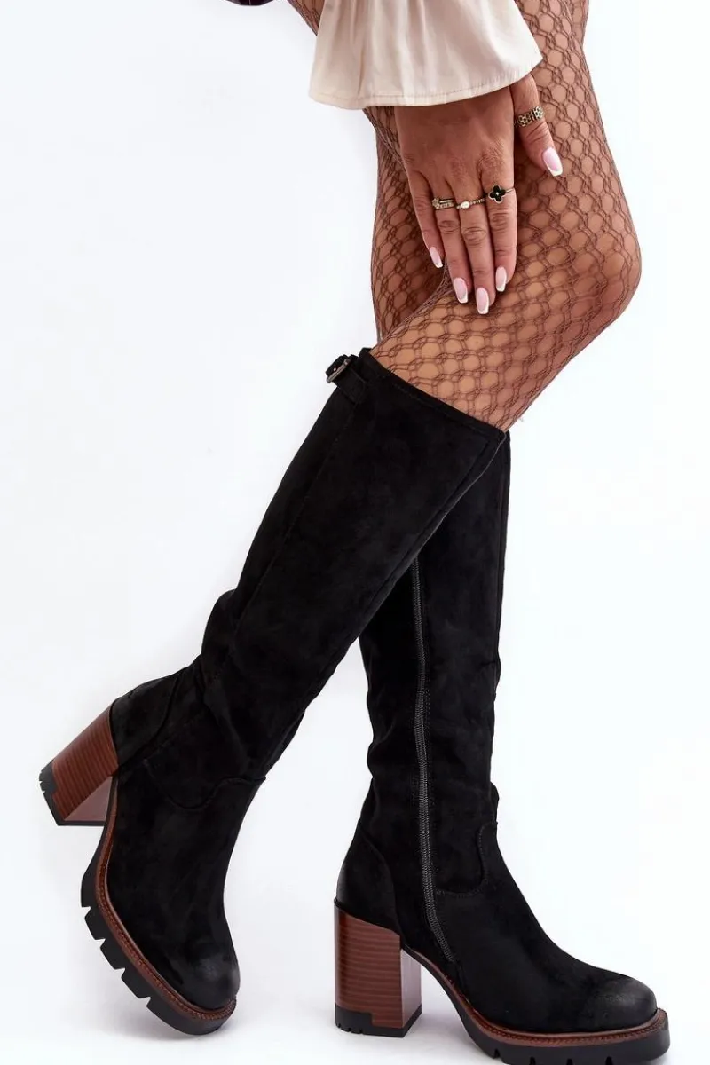 Damskie Kozaki Na Masywnym Słupku Ocieplane Czarne Alzeta Damskie Kozaki Na Obcasie|Kozaki Zamszowe