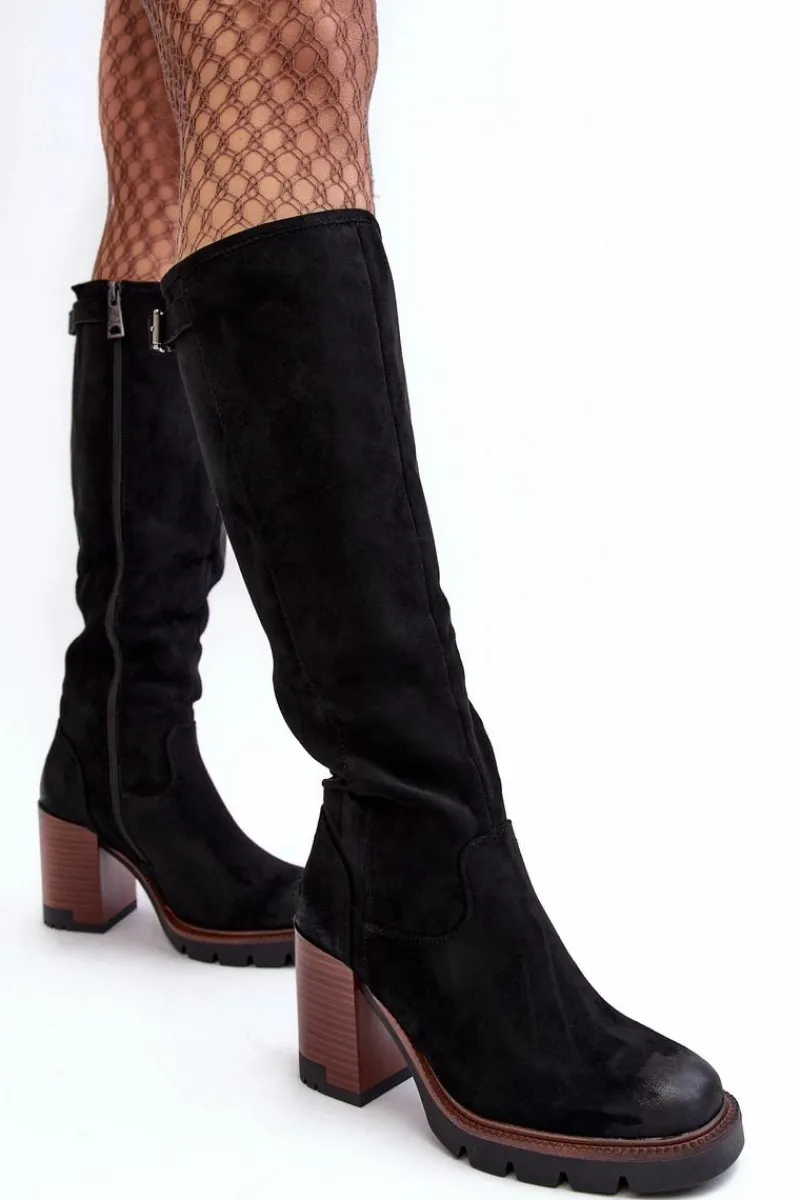 Damskie Kozaki Na Masywnym Słupku Ocieplane Czarne Alzeta Damskie Kozaki Na Obcasie|Kozaki Zamszowe