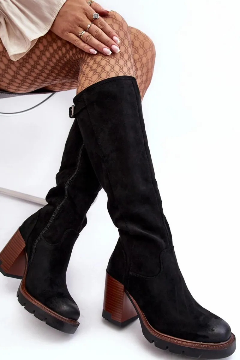 Damskie Kozaki Na Masywnym Słupku Ocieplane Czarne Alzeta Damskie Kozaki Na Obcasie|Kozaki Zamszowe