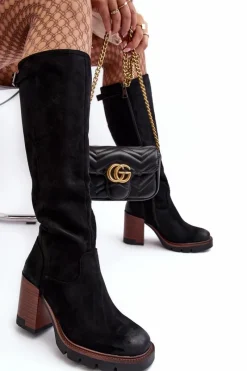 Damskie Kozaki Na Masywnym Słupku Ocieplane Czarne Alzeta Damskie Kozaki Na Obcasie|Kozaki Zamszowe