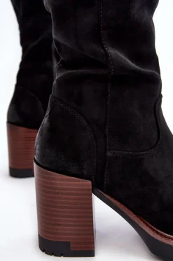 Damskie Kozaki Na Masywnym Słupku Ocieplane Czarne Alzeta Damskie Kozaki Na Obcasie|Kozaki Zamszowe