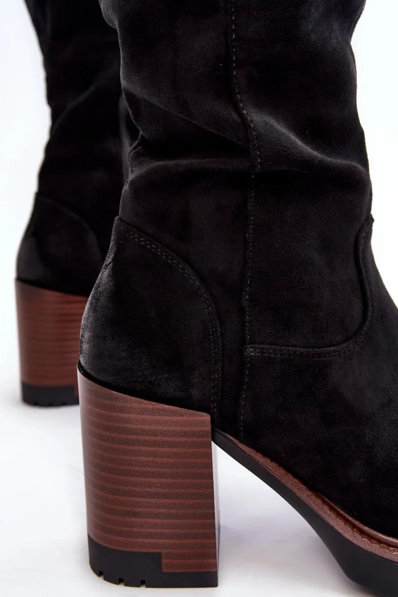 Damskie Kozaki Na Masywnym Słupku Ocieplane Czarne Alzeta Damskie Kozaki Na Obcasie|Kozaki Zamszowe