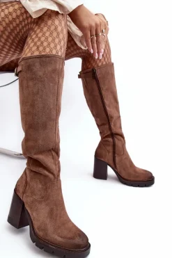 Sale Buty damskie Vinceza Damskie Kozaki Na Masywnym Słupku Ocieplane Ciemnobeżowe Alzeta