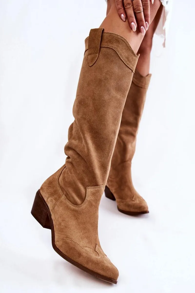 Discount Damskie Kozaki Na Obcasie Lewski Shoes 3235 Beżowe Damskie Kozaki Wiosenne|Kozaki Przed Kolano