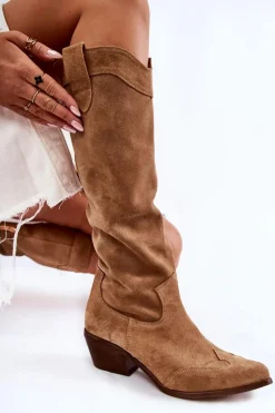 Discount Damskie Kozaki Na Obcasie Lewski Shoes 3235 Beżowe Damskie Kozaki Wiosenne|Kozaki Przed Kolano