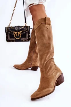 Discount Damskie Kozaki Na Obcasie Lewski Shoes 3235 Beżowe Damskie Kozaki Wiosenne|Kozaki Przed Kolano