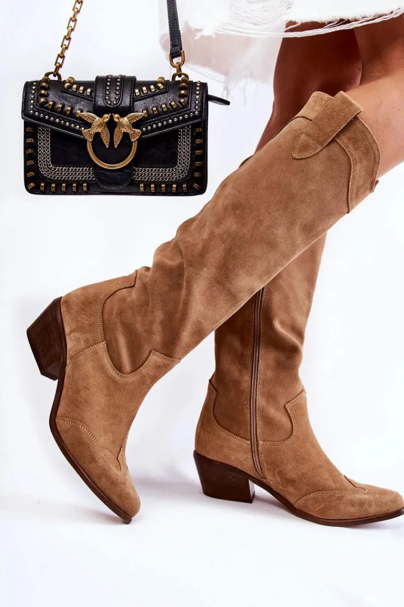 Discount Damskie Kozaki Na Obcasie Lewski Shoes 3235 Beżowe Damskie Kozaki Wiosenne|Kozaki Przed Kolano