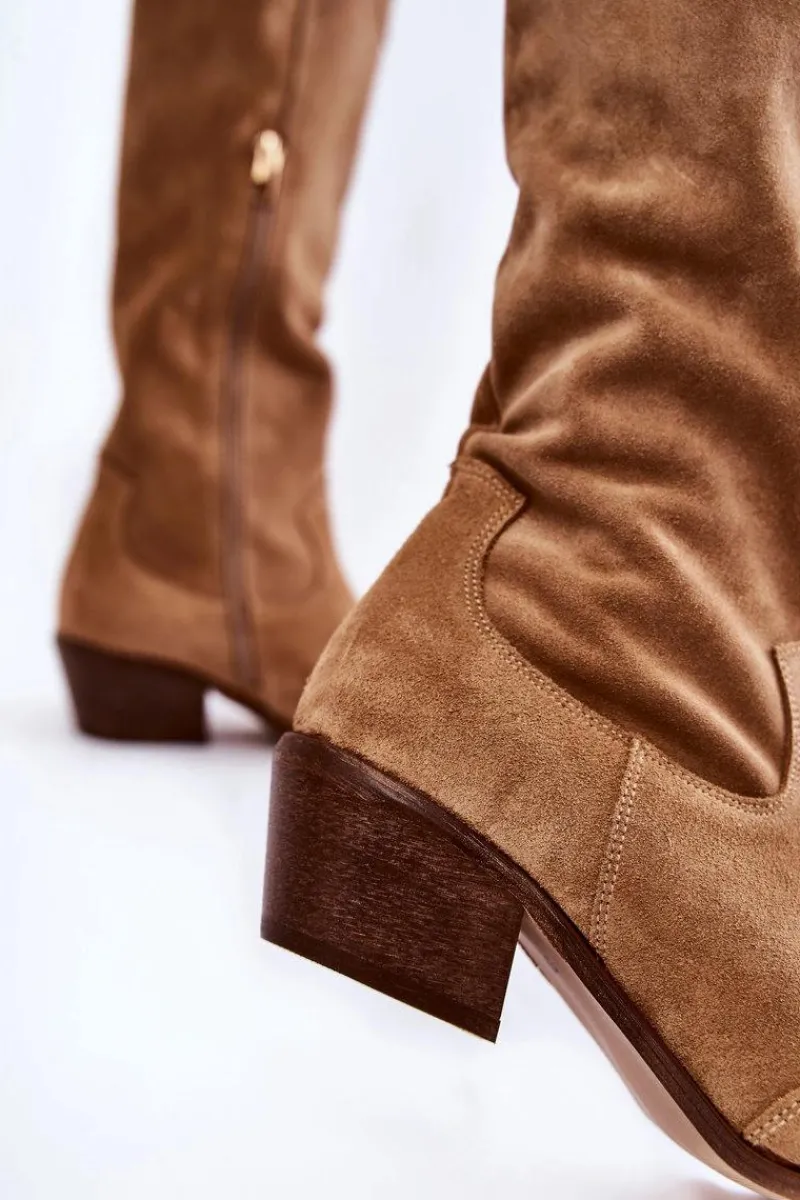 Discount Damskie Kozaki Na Obcasie Lewski Shoes 3235 Beżowe Damskie Kozaki Wiosenne|Kozaki Przed Kolano