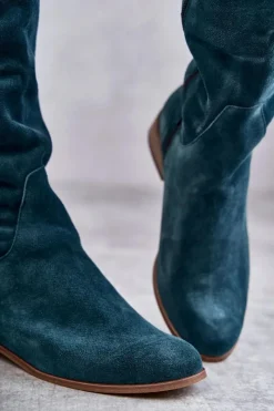 Kozaki Za Kolano|Kozaki Wiosenne></noscript>Boto Damskie Kozaki Na Płaskim Obcasie Zielone Isolde