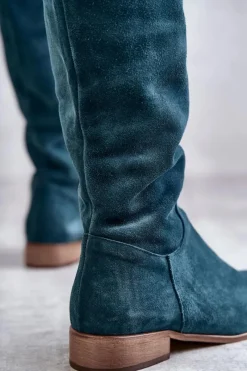 Kozaki Za Kolano|Kozaki Wiosenne></noscript>Boto Damskie Kozaki Na Płaskim Obcasie Zielone Isolde