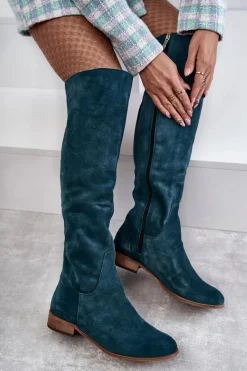 Kozaki Za Kolano|Kozaki Wiosenne></noscript>Boto Damskie Kozaki Na Płaskim Obcasie Zielone Isolde