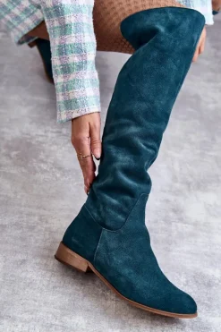 Kozaki Za Kolano|Kozaki Wiosenne></noscript>Boto Damskie Kozaki Na Płaskim Obcasie Zielone Isolde