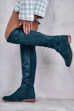 Kozaki Za Kolano|Kozaki Wiosenne></noscript>Boto Damskie Kozaki Na Płaskim Obcasie Zielone Isolde