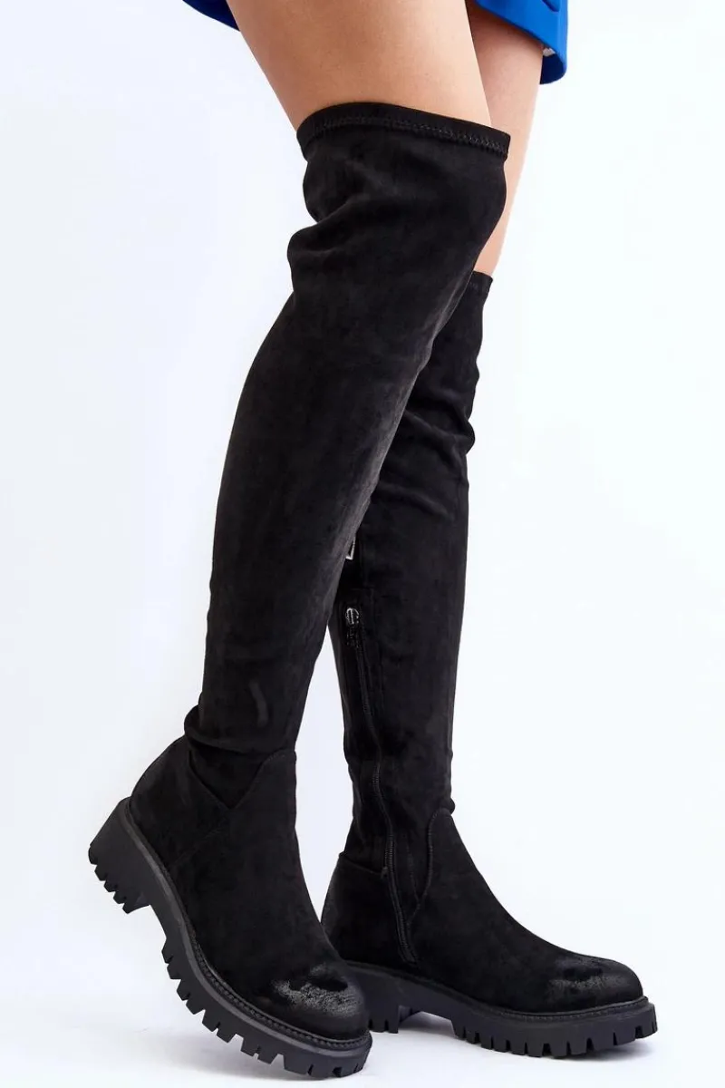 Kozaki Ocieplane|Muszkieterki>Boto Damskie Kozaki Na Płaskim Obcasie Za Kolano La.Fi 270068B-SU Czarne