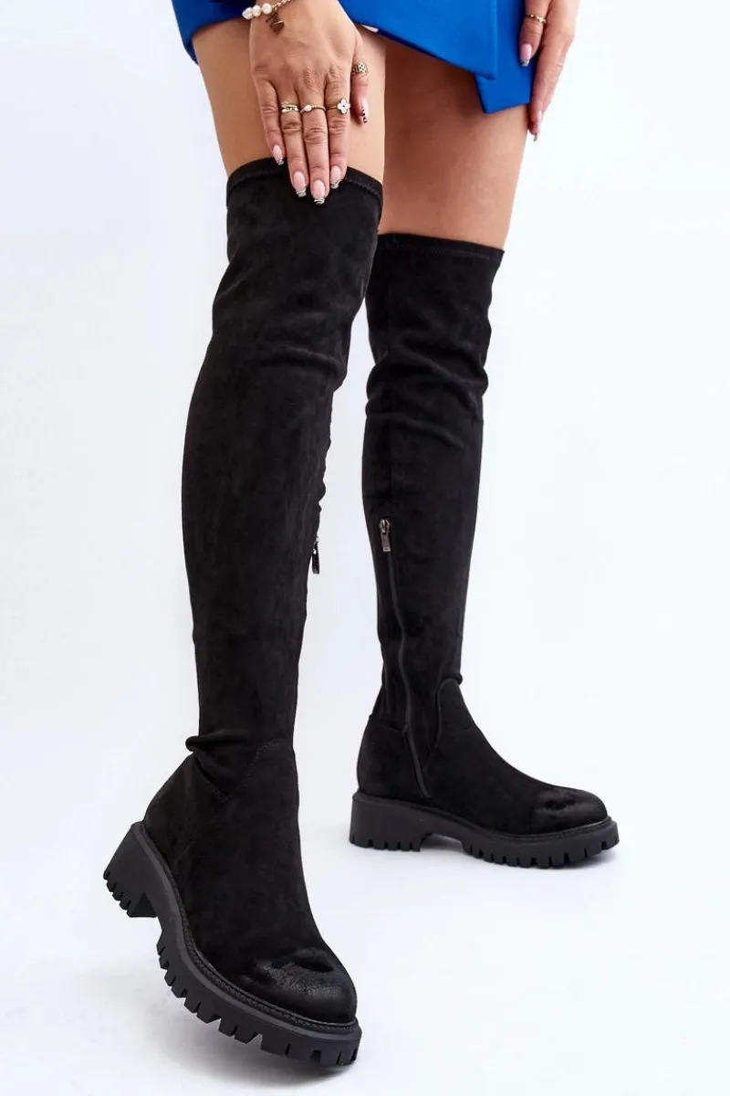 Kozaki Ocieplane|Muszkieterki>Boto Damskie Kozaki Na Płaskim Obcasie Za Kolano La.Fi 270068B-SU Czarne