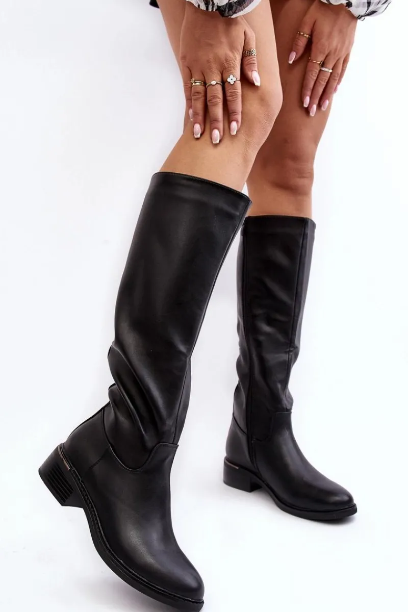 Hot Boto Damskie Kozaki Na Płaskim Obcasie Przed Kolano Czarne Aviare