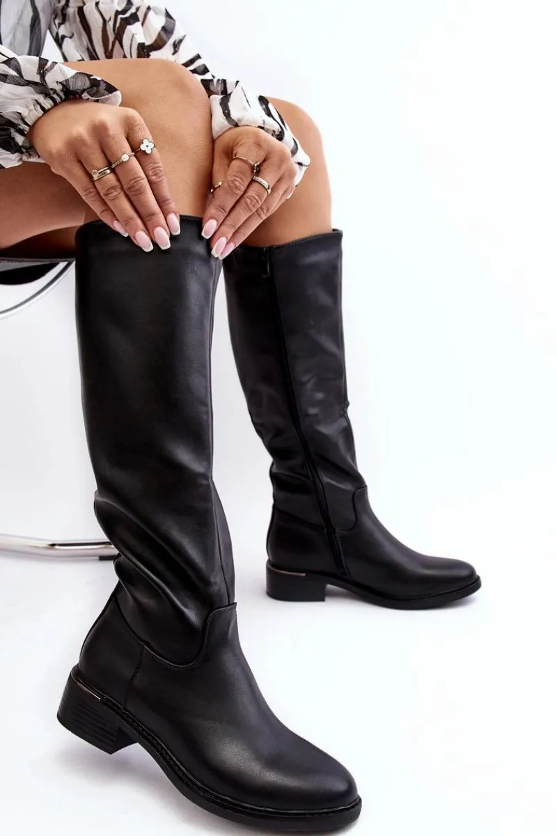 Hot Boto Damskie Kozaki Na Płaskim Obcasie Przed Kolano Czarne Aviare