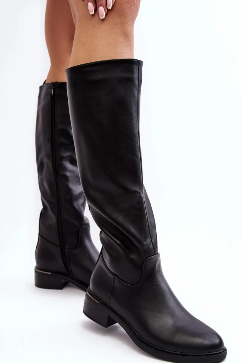 Hot Boto Damskie Kozaki Na Płaskim Obcasie Przed Kolano Czarne Aviare