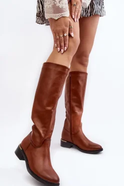 Outlet Boto Damskie Kozaki Na Płaskim Obcasie Przed Kolano Brązowe Aviare
