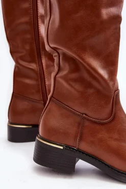 Outlet Boto Damskie Kozaki Na Płaskim Obcasie Przed Kolano Brązowe Aviare