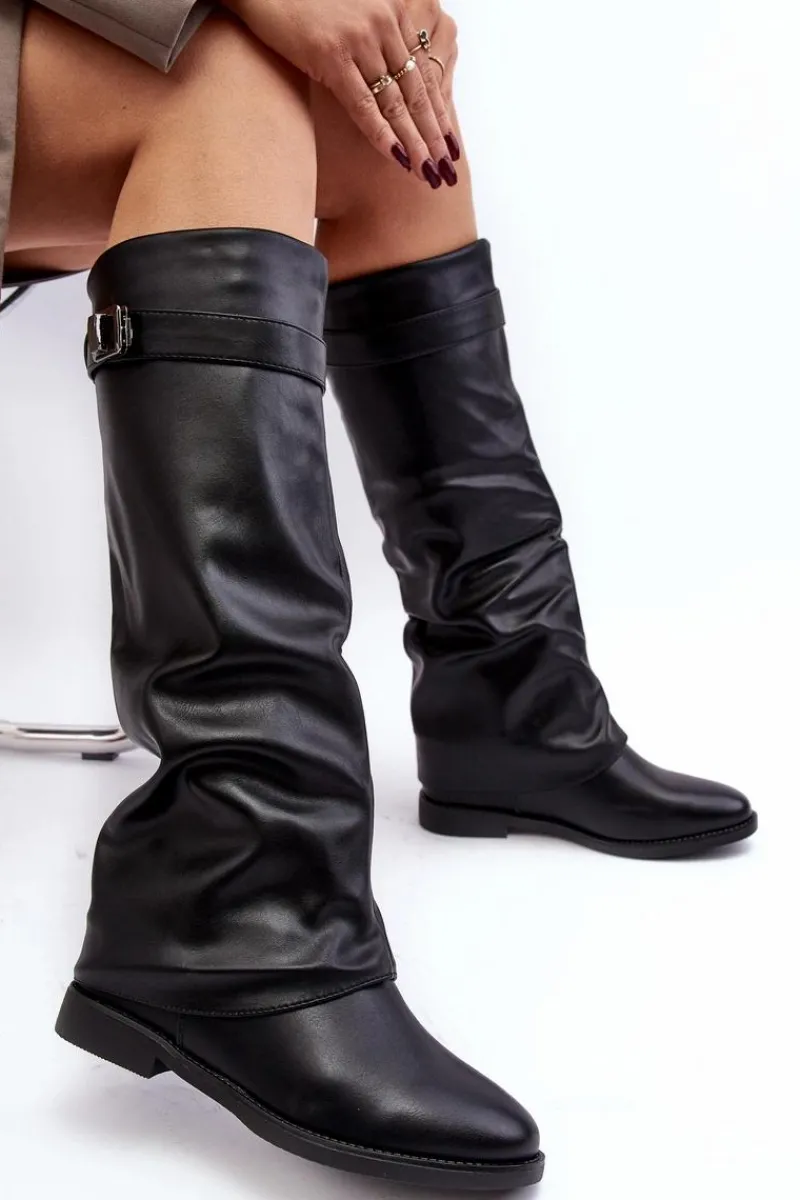 Kozaki Płaskie|Kozaki Przed Kolano>Boto Damskie Kozaki Na Płaskim Obcasie Z Marszczoną Cholewką Czarne Tercella