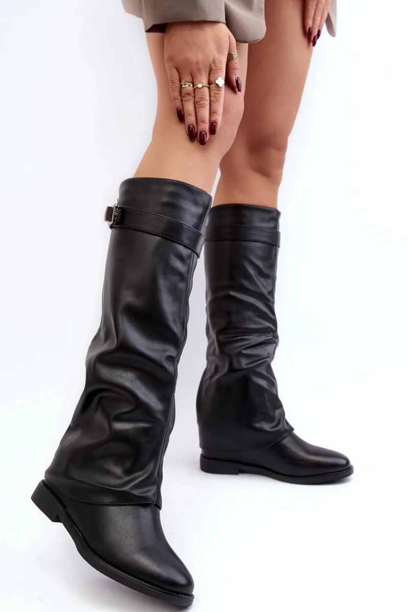 Kozaki Płaskie|Kozaki Przed Kolano>Boto Damskie Kozaki Na Płaskim Obcasie Z Marszczoną Cholewką Czarne Tercella