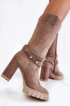 Discount Boto Damskie Kozaki Na Słupku Lewski Shoes 3246 Cappucino