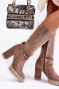 Discount Boto Damskie Kozaki Na Słupku Lewski Shoes 3246 Cappucino