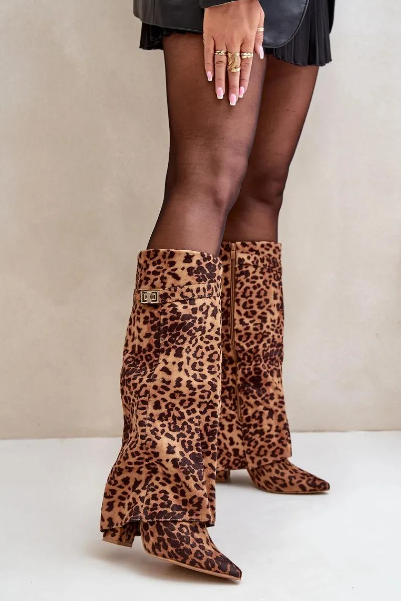 Kozaki Na Słupku|Kozaki Na Obcasie>Boto Damskie Kozaki Na Słupku Przed Kolano Panterka Brązowe Portora Brązowy