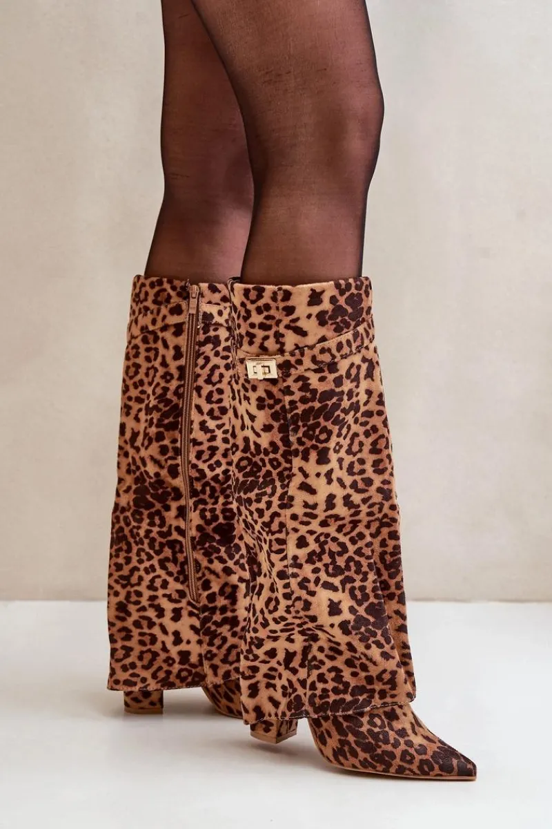 Kozaki Na Słupku|Kozaki Na Obcasie>Boto Damskie Kozaki Na Słupku Przed Kolano Panterka Brązowe Portora Brązowy