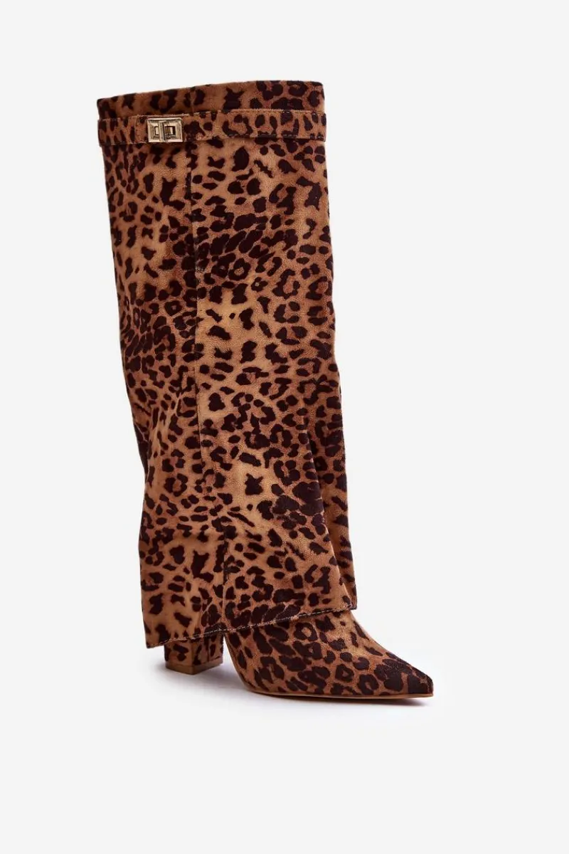 Kozaki Na Słupku|Kozaki Na Obcasie>Boto Damskie Kozaki Na Słupku Przed Kolano Panterka Brązowe Portora Brązowy