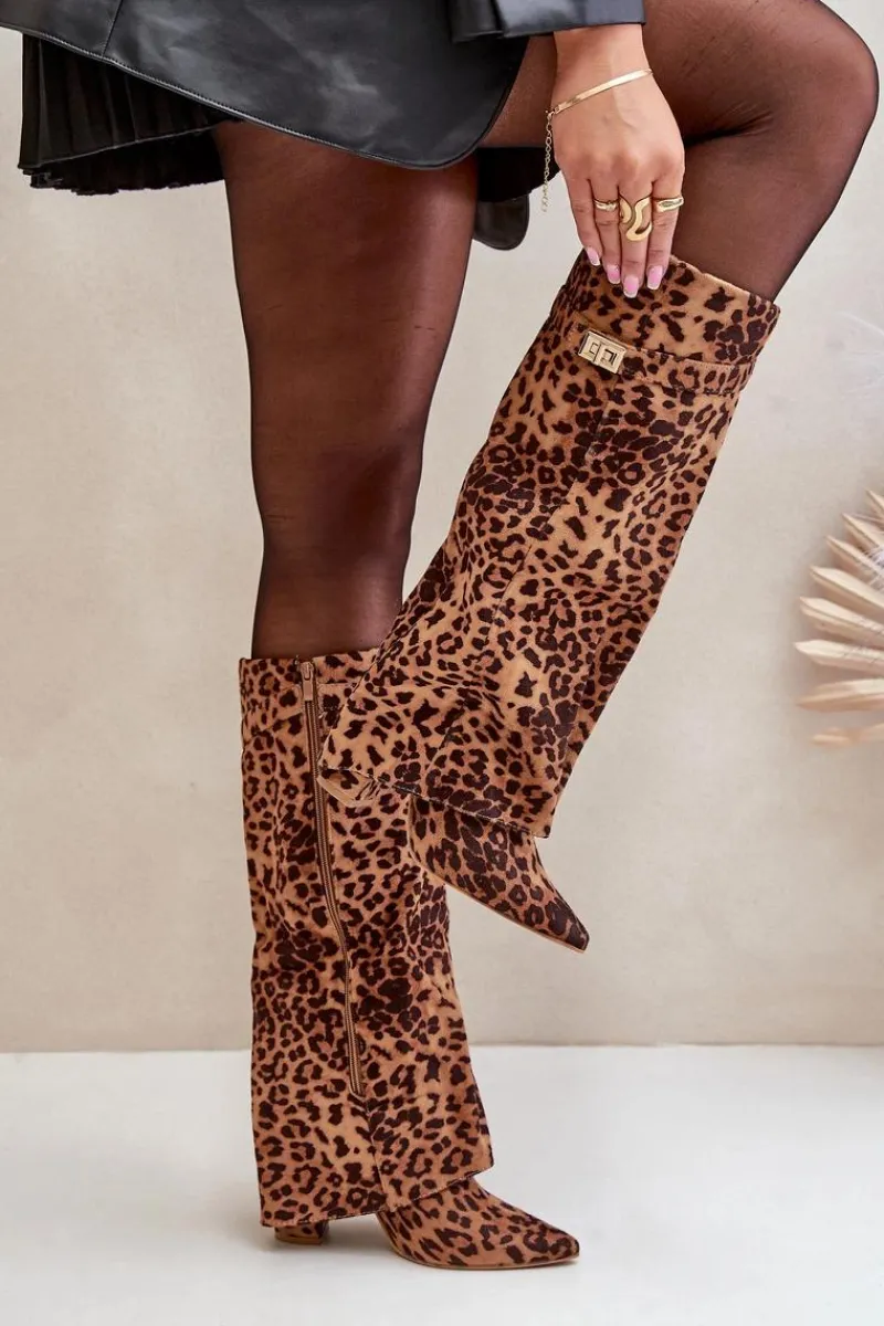 Kozaki Na Słupku|Kozaki Na Obcasie>Boto Damskie Kozaki Na Słupku Przed Kolano Panterka Brązowe Portora Brązowy