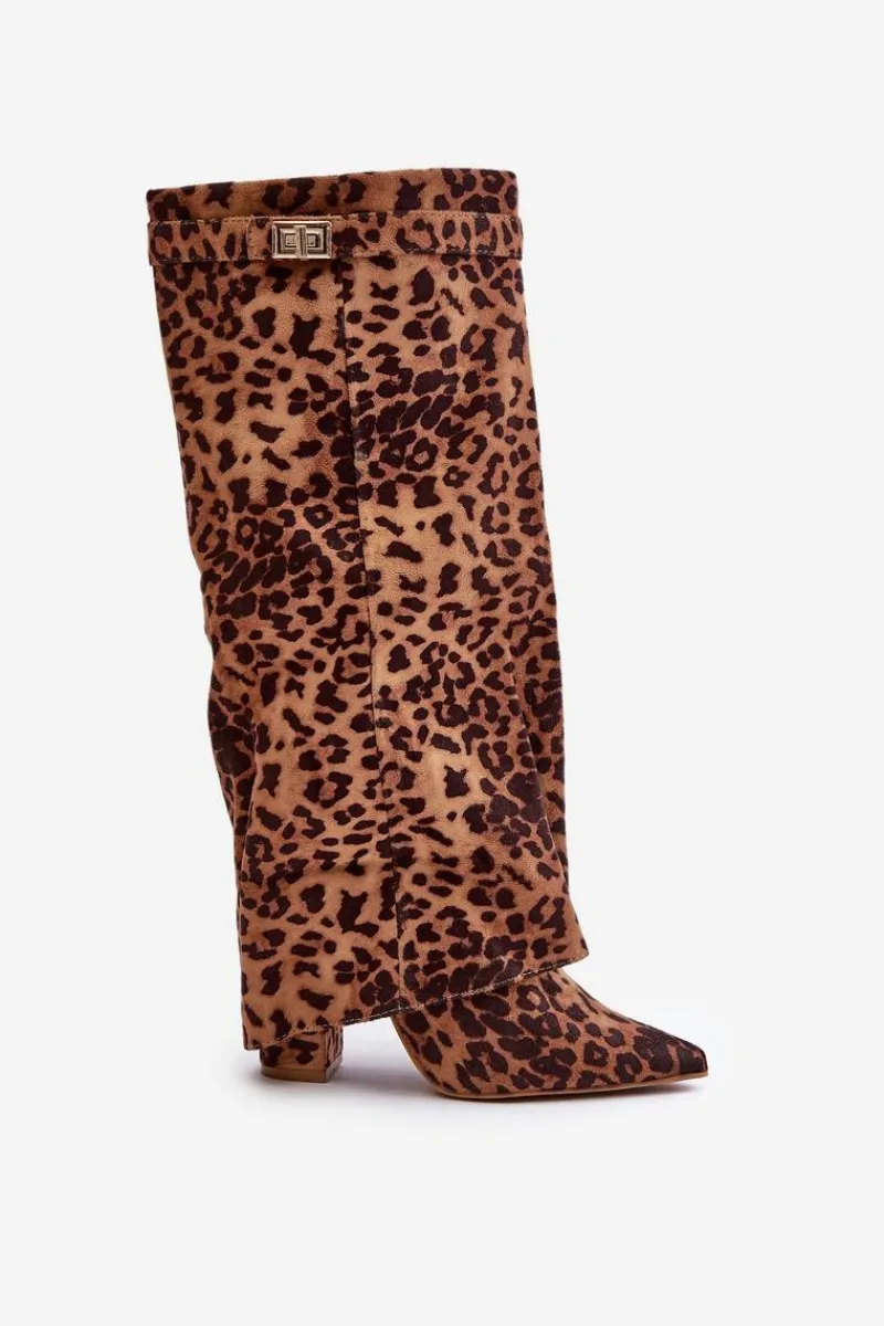 Kozaki Na Słupku|Kozaki Na Obcasie>Boto Damskie Kozaki Na Słupku Przed Kolano Panterka Brązowe Portora Brązowy