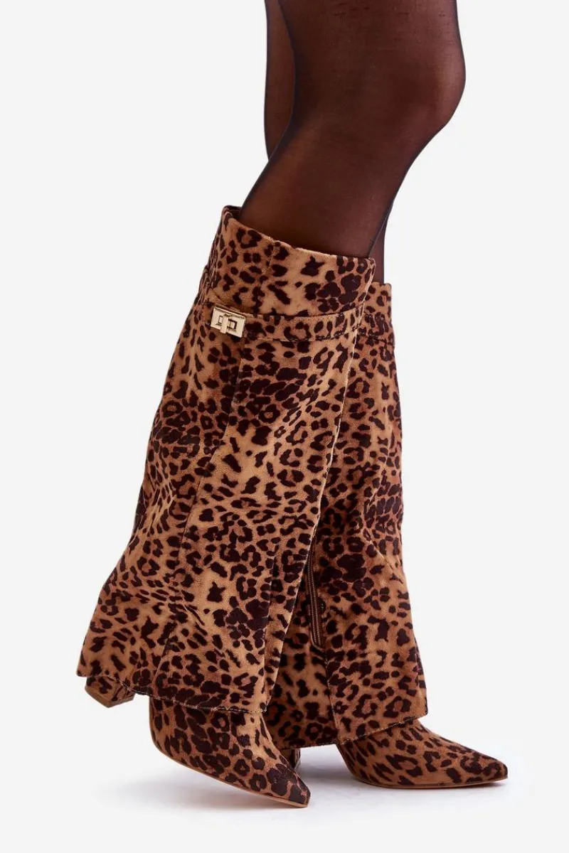 Kozaki Na Słupku|Kozaki Na Obcasie>Boto Damskie Kozaki Na Słupku Przed Kolano Panterka Brązowe Portora Brązowy