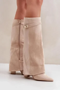 Kozaki Wiosenne|Kozaki Przed Kolano></noscript>Boto Damskie Kozaki Na Słupku Przed Kolano Jasnobeżowe Portora