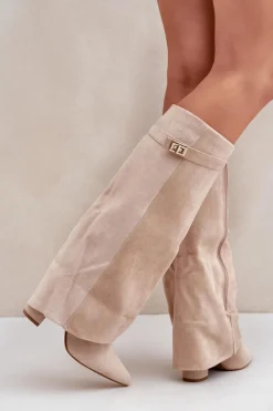 Kozaki Wiosenne|Kozaki Przed Kolano></noscript>Boto Damskie Kozaki Na Słupku Przed Kolano Jasnobeżowe Portora