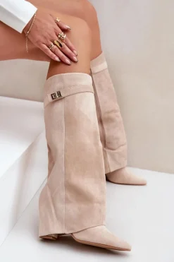 Kozaki Wiosenne|Kozaki Przed Kolano></noscript>Boto Damskie Kozaki Na Słupku Przed Kolano Jasnobeżowe Portora