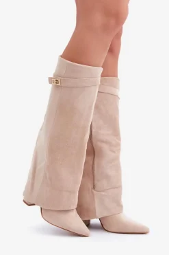 Kozaki Wiosenne|Kozaki Przed Kolano></noscript>Boto Damskie Kozaki Na Słupku Przed Kolano Jasnobeżowe Portora