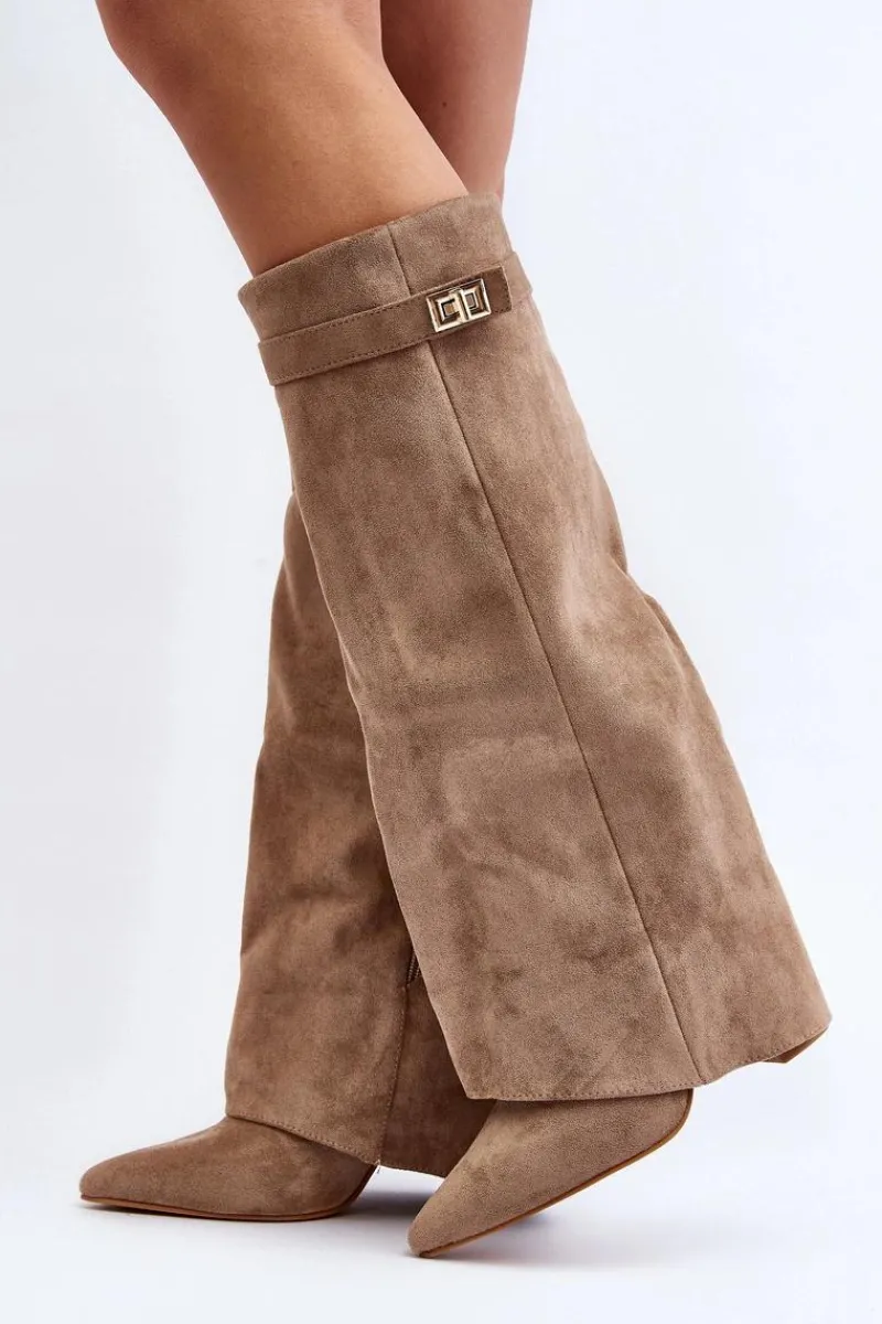 Hot Damskie Kozaki Na Słupku Przed Kolano Beżowe Portora Damskie Kozaki Wiosenne|Kozaki Przed Kolano