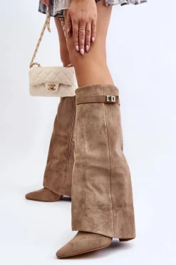 Hot Damskie Kozaki Na Słupku Przed Kolano Beżowe Portora Damskie Kozaki Wiosenne|Kozaki Przed Kolano