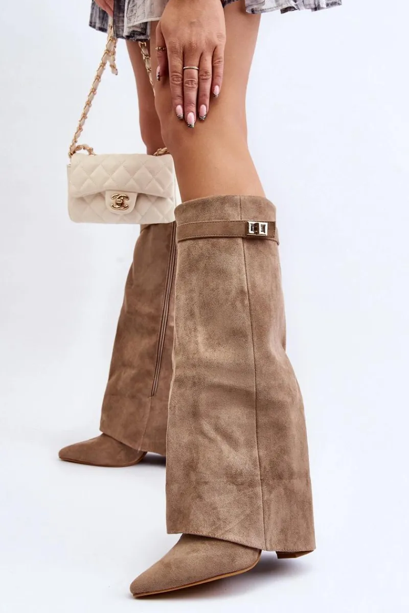 Hot Damskie Kozaki Na Słupku Przed Kolano Beżowe Portora Damskie Kozaki Wiosenne|Kozaki Przed Kolano