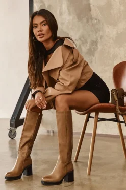 Discount Damskie Kozaki Ocieplane Na Słupku Ciemnobeżowe Theisen Damskie Kozaki Przed Kolano|Kozaki Na Obcasie