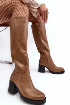 Discount Damskie Kozaki Ocieplane Na Słupku Ciemnobeżowe Theisen Damskie Kozaki Przed Kolano|Kozaki Na Obcasie