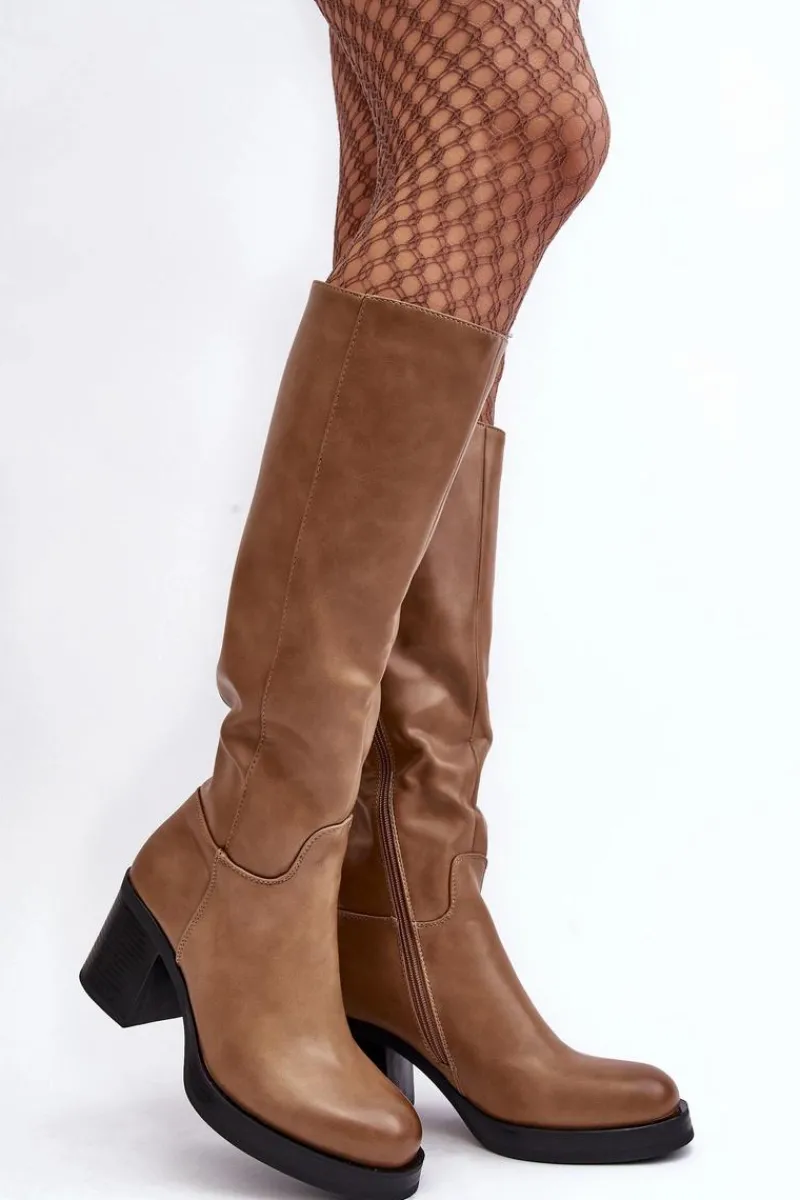 Discount Damskie Kozaki Ocieplane Na Słupku Ciemnobeżowe Theisen Damskie Kozaki Przed Kolano|Kozaki Na Obcasie