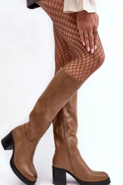 Discount Damskie Kozaki Ocieplane Na Słupku Ciemnobeżowe Theisen Damskie Kozaki Przed Kolano|Kozaki Na Obcasie