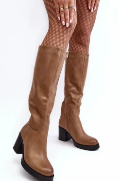 Discount Damskie Kozaki Ocieplane Na Słupku Ciemnobeżowe Theisen Damskie Kozaki Przed Kolano|Kozaki Na Obcasie