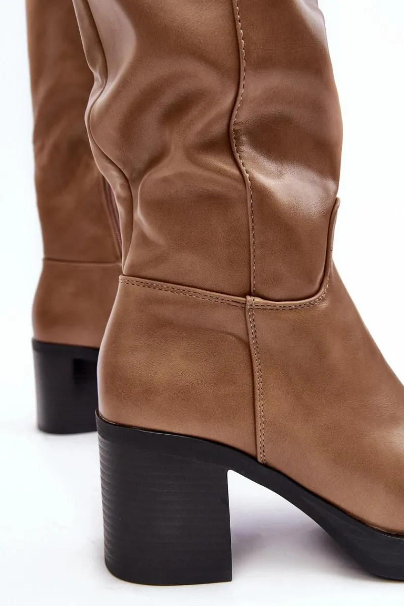 Discount Damskie Kozaki Ocieplane Na Słupku Ciemnobeżowe Theisen Damskie Kozaki Przed Kolano|Kozaki Na Obcasie