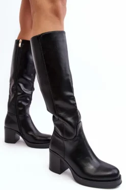 Outlet Boto Damskie Kozaki Ocieplane Na Słupku Czarne Theisen