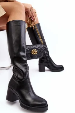 Outlet Boto Damskie Kozaki Ocieplane Na Słupku Czarne Theisen