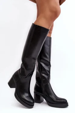 Outlet Boto Damskie Kozaki Ocieplane Na Słupku Czarne Theisen